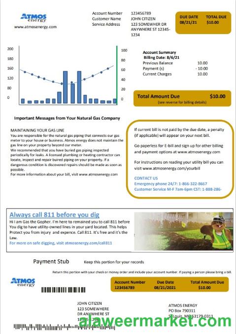 USA Virginia Atmos Energy utility bill template in Word and PDF format (.doc and .pdf)